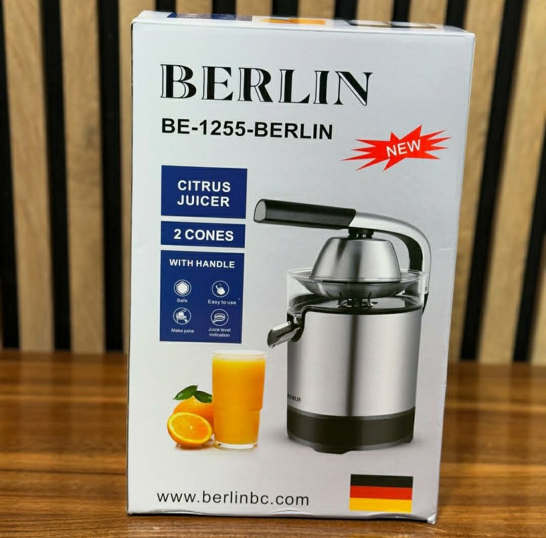 آب‌مرکبات‌گیر برلین 1255 نقره‌ای، Citrus Juicer 350W، مخزن 1.2L، سرعت 80 RPM، سیستم ضد چکه، پایه ضدلغزش، فیلتر تفاله