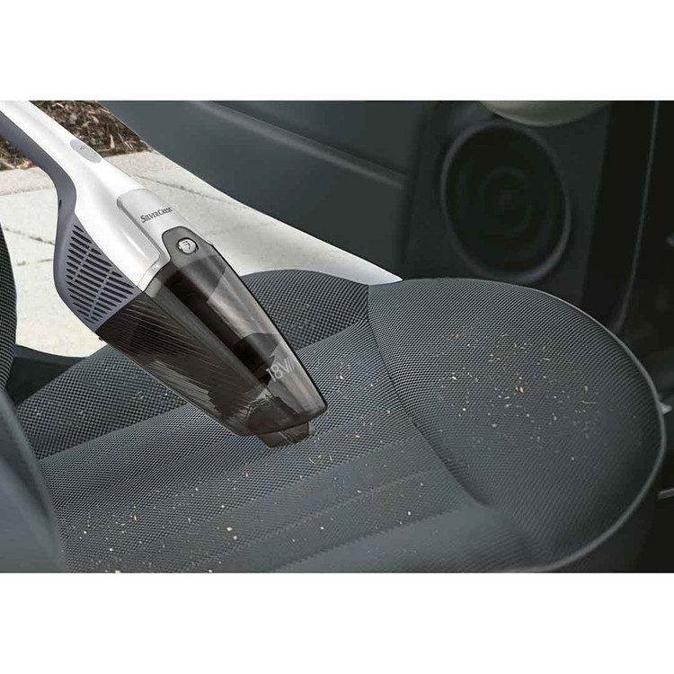 جاروشارژی سیلورکرست مجهز به **باتری لیتیوم یونی ۱۸ ولت** با **مدت زمان کارکرد بیش از ۳۴ دقیقه**، مناسب برای نظافت سریع.