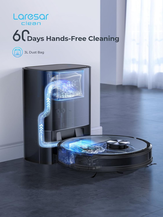 نمای بالا از جاروبرقی رباتیک LARESAR L6 Nex در حال شارژ روی داک