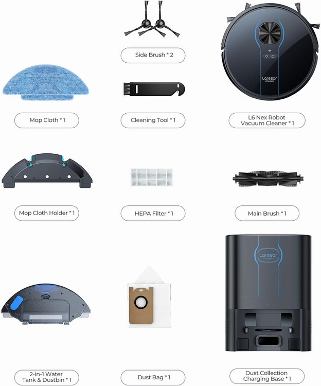 کیت کامل جارو رباتیک LARESAR مدل L6 Nex شامل برسها، فیلتر و پایه شارژ