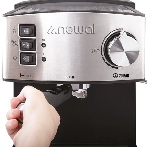 اسپرسوساز 4 کاره نوال COF-3870 با 850 وات، 20 بار فشار، 1.5L مخزن نانو پلاستیک، بدنه استیل ضدزنگ، نازل بخار قابل تنظیم، فیلتر استیل دو نازل، سینی چکه‌گیر جدا شونده، 4 فنجان همزمان، نقره‌ای-مشکی، ترکیه