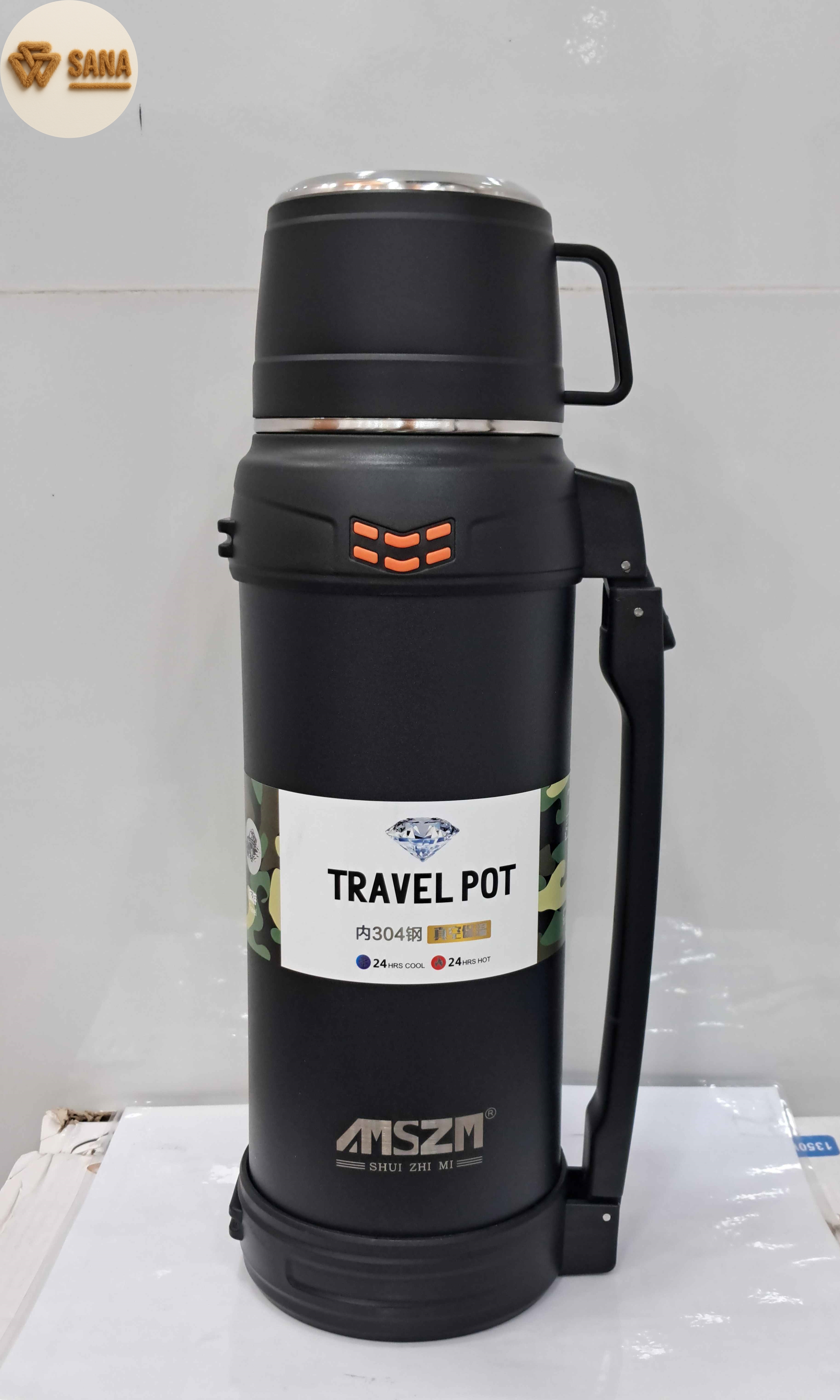 فلاسک سرد و گرم 2 لیتری AMSZM استیل ضدزنگ، سه رنگ طوسی مشکی نقره‌ای، درب دکمه‌ای، عایق 24 ساعته، ساخت چین، مناسب سفر و دفتر